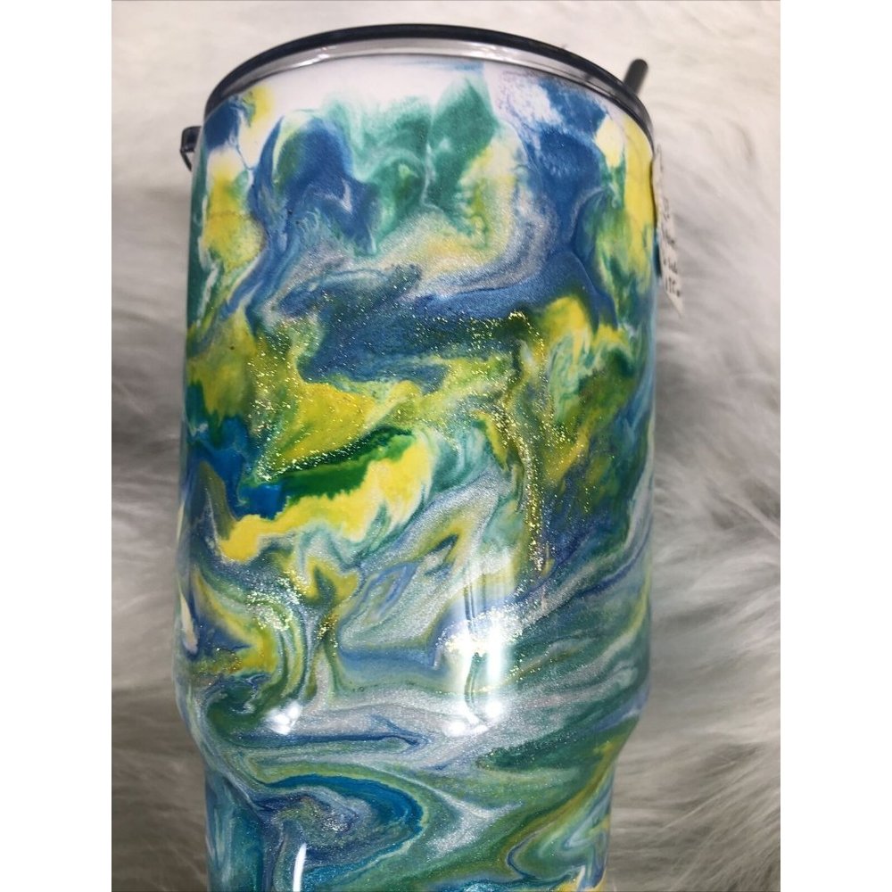 32 Ounce Tumbler Hand Painted Teal’s Blues Yellows Pearls & Glitter Lid Custom - Picture 14 of 16